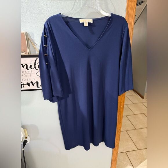 Michael Kors Vneck Navy Blue Shift Shit Dress Gold Open Sleeve Godm Features M - Picture 1 of 7